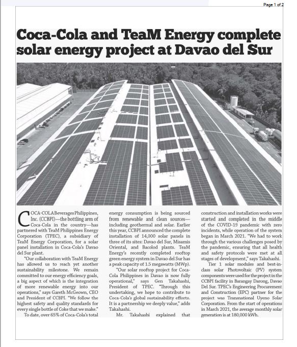 Coca-Cola and TeaM Energy Complete Solar Energy Project at Davao del Sur